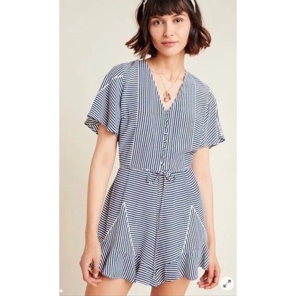 Anthropologie Conditions Apply Lilith Romper Size Small Flow Blue Striped Flutte
